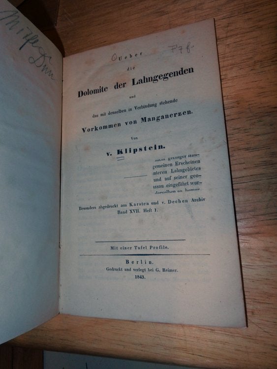 Item #15908 Ueber Dolomite Der Lahngegenden Und Das Mit Denselben in Verbindung Stehende Vorkommen Von Manganerzen. V. Klipstein.