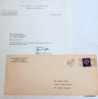 Item #17560 Jonas Salk typed signed letter with envelope. Jonas Edward Salk