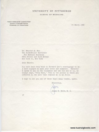 Typed Letter Signed from Jonas Salk to Maurice Fox mentioning Leo Szilard