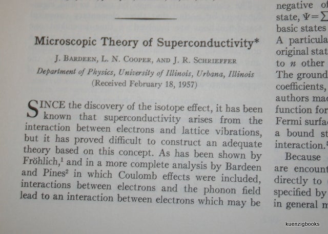Item #20128 Microscopic Theory of Superconductivity. J. Bardeen, L. N. Cooper, J. R. Schrieffer.