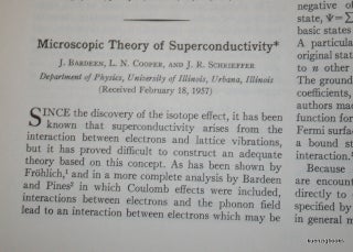 Item #20128 Microscopic Theory of Superconductivity. J. Bardeen, L. N. Cooper, J. R. Schrieffer