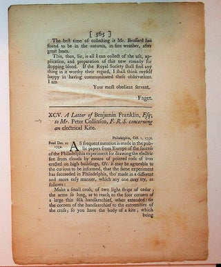 Item #23846 A Letter of Benjamin Franklin, Esq; to Mr. Peter Collinson, F. R. S. concerning an...