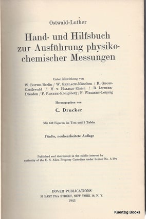 Item #24158 Hand- und Hilfsbuch zur Ausführung physiko-chemischer Messungen. C. Drucker, Luther...