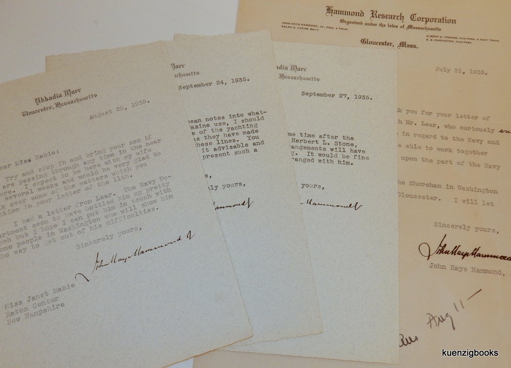 Item #24510 [ Inventors ] Small archive of material related to John Hays Hammond Jr. including signed letters and a detailed biographical article by Janet Mabie. John Hays Hammond, Jr., Janet Mabie.