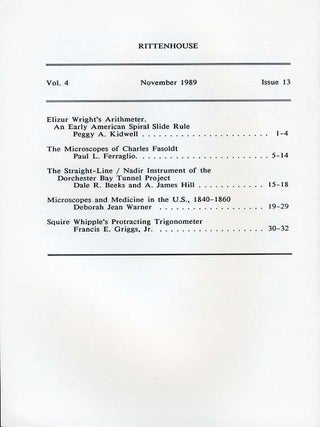 Rittenhouse Vol. 4 No. 1 (Issue 13): Journal of the American Scientific Instrument Enterprise Nov 1989