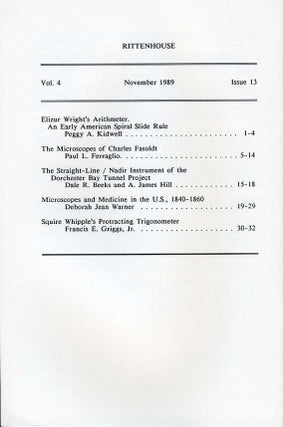 Rittenhouse Vol. 4 No. 1 (Issue 13): Journal of the American Scientific Instrument Enterprise Nov 1989