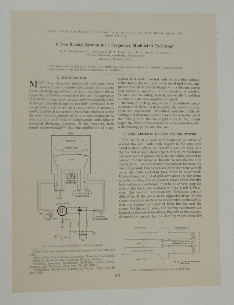 Item #26691 A Dee Biasing System for a Frequency Modulated Cyclotron. L. L. Davenport, L. Mack Lavetelli, N. F., A. J. Ramsey, R. A. Pote, Norman.