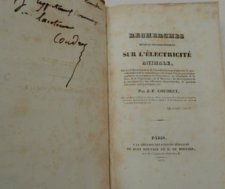 Recherches médico-physiologiques sur l'électricité animale : suivies d'observations et de considérations pratiques sur le procédé médical de la neutralisation électrique directe, notamment appliquée au traitement de l'ophtalmie, de l'érysipèle de la face, de la céphalalgie, de la migraine, des dérangemens de la menstruation, des affections rhumatismales, de quelques affections névropathiques, etc.