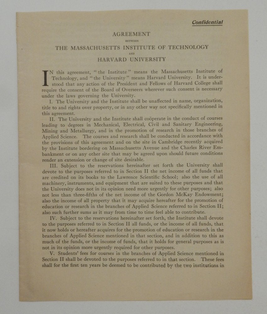 Item #27241 "Agreement Between The Massachusetts Institute of Technology and Harvard University" [ caption title ]. Massachusetts Institute of Technology, Harvard University.