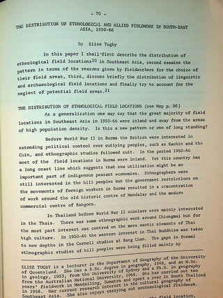 Ethnological and allied work on Southeast Asia, 1950-1966 : a summary report on a world survey of field problems & practices WITH Distribution of Ethnological and Allied Work iin Southeast Asia,, 1950-1966