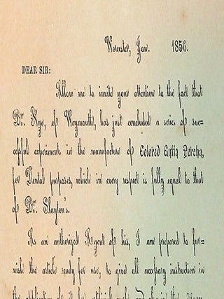 Item #27574 Letter about the use of gutta percha for Dental purposes. O. F. Harris, Nye Dr