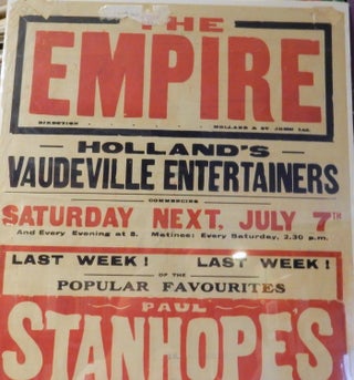 [ Vaudeville Broadside ] THE EMPIRE ... Direction Holland & St. John Ltd ... Holland's Vaudeville Entertainers ... Paul Stanhope's .. Roley-Poley ... Ford & Perrin ... Clemo the Clever ... McKay & Graham ... Jolly Johnny Larkin the Clever Coloured Comedian ... Blake & Granby ...