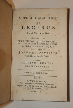 Item #27982 [Classics] De legibus Libri Tres. Recensuit, ac Petr Victorii, Paul Manucii, Jo....