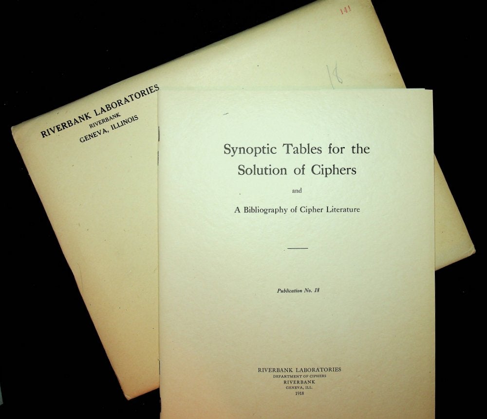 Item #28000 Riverbank Publications No. 18 Synoptic Tables for the Solution of Ciphers and a Bibliography of Cipher Literature with original folder. William F. Friedman.
