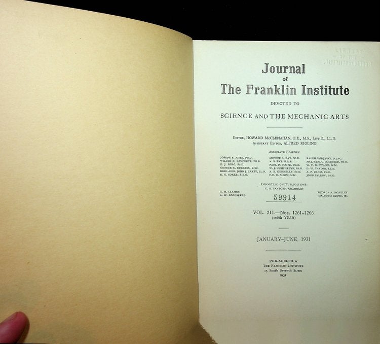 Item #28072 Journal of the Franklin Institute, Vol 211, Nos 1261-1266, January-June 1931. Howard McClenahan.