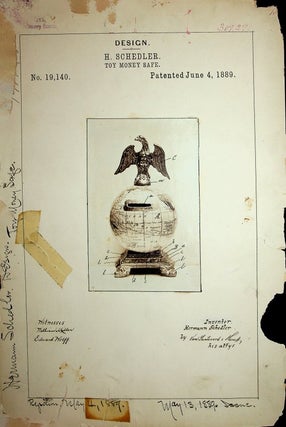 [Original art, Design Patent] DESIGN PATENT 19,140 "Toy Money Safe" patented June 4, 1889