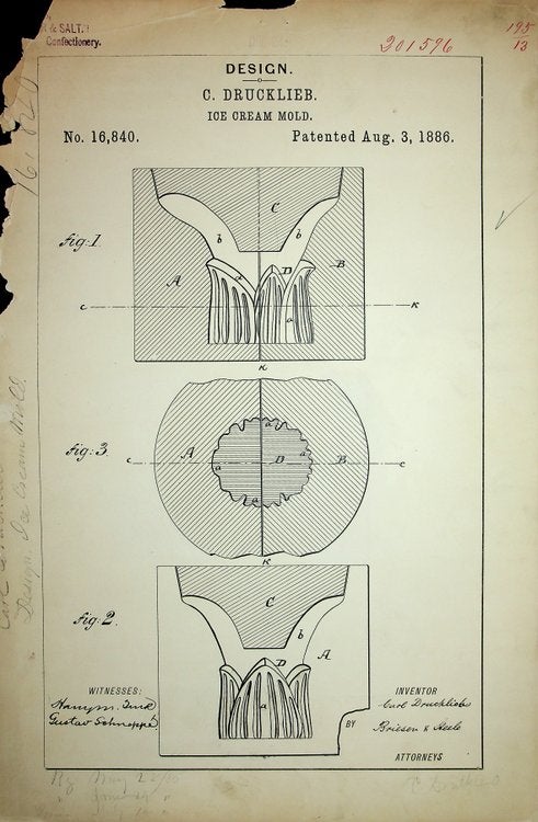 Item #28099 [Original art, Design Patent] DESIGN PATENT 16,840 "Ice Cream Mold" patented August 3, 1886. C. / Carl Drucklieb Drucklieb.
