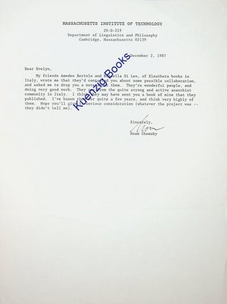 Item #28106 TLS from Noam Chomsky to Evelyn Fox Keller regarding Eleuthra books. Noam Chomsky