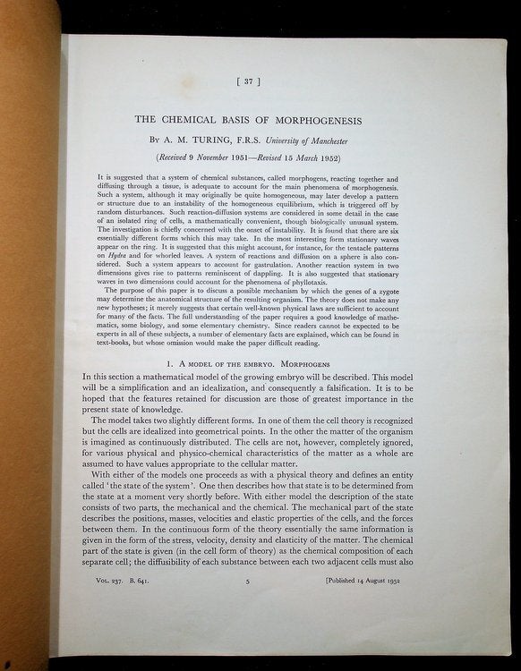 The Chemical Basis of Morphogenesis | A. M. Turing, Alan | First Edition