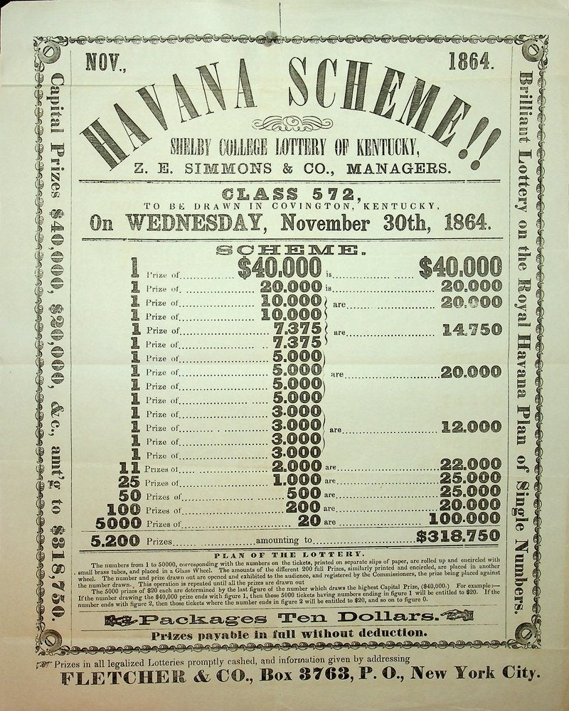 Item #28314 [Broadside] HAVANA SCHEME!! : Shelby College Lottery of Kentucky, Z. E. Simmons & Co, Managers Class 572, to be drawn in Covington, Kentucky, on Wednesday November 30th, 1864 ... Fletcher & Co., Box 3763, P.O., New York City. Fletcher, Co, Z. E. Simmons, Co.