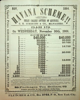 Item #28314 [Broadside] HAVANA SCHEME!! : Shelby College Lottery of Kentucky, Z. E. Simmons &...