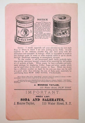 [ephemera, food related] Gold Medal is the Best : Established 1844. Office of J. Monroe Taylor CHEMICAL WORKS ... herewith find my price-list upon the Gold Medal Soda and Saleratus, formerly put up under the name of my partner, Herrick Allen