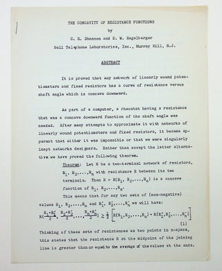 Item #28591 The Concavity of Resistance Functions [reproduced typescript]. C. E. Shannon, D. W....