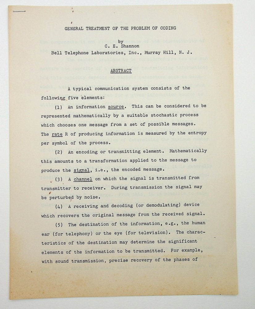 Item #28611 General Treatment of the Problem of Coding [reproduced typescript]. C. E. Shannon, Claude Elwood.