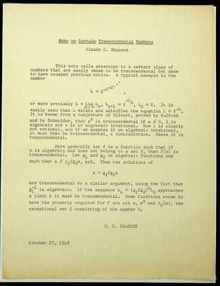 Item #28618 Note on Certain Transcendental Numbers [mimeographed typescript]. Claude E. Shannon,...