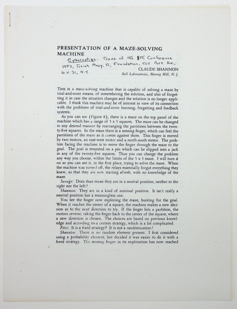 Item #28624 Presentation of a Maze-Solving Machine [reproduced paper]. Claude Shannon, Elwood.