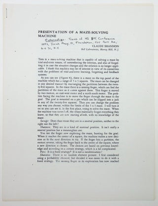 Item #28624 Presentation of a Maze-Solving Machine [reproduced paper]. Claude Shannon, Elwood