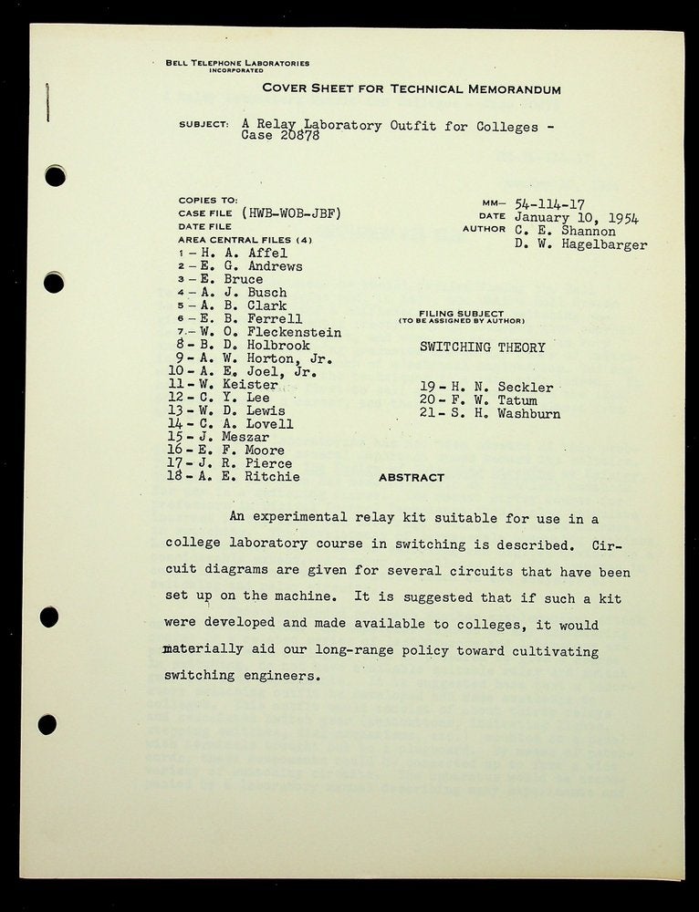 Item #28644 A Relay Laboratory Outfit for Colleges - Case 20878 MM-54-114-17 [reproduced typescript] [Bell Laboratories Technical Memorandum]. C. E. Shannon, D. W. Hagelbarger, Claude Elwood.