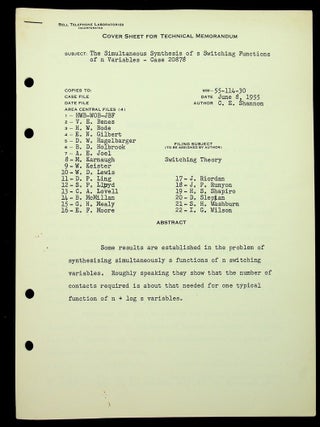 Item #28662 The Simultaneous Synthesis of s Switching Functions of n Variables - Case 20878...