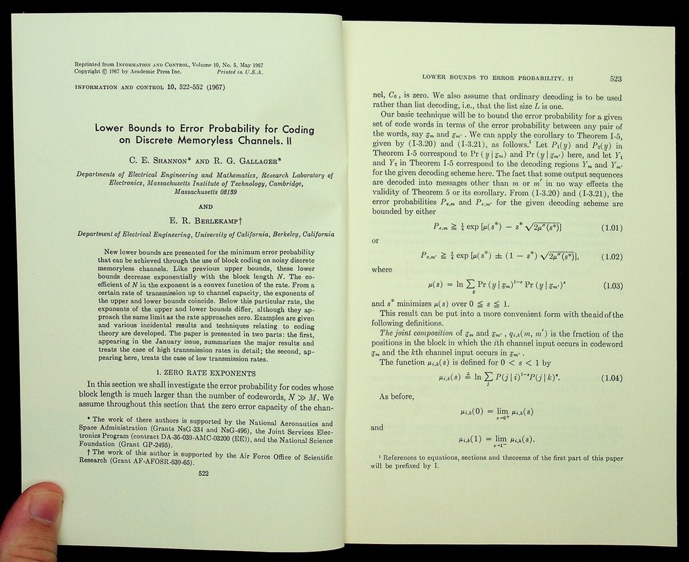 Item #28681 Lower Bounds to Error Probability for Coding on Discrete Memoryless Channels. [Part] II [offprint]. C. E. Shannon, R. G. Gallager, E. R. Berlekamp, Claude Elwood.
