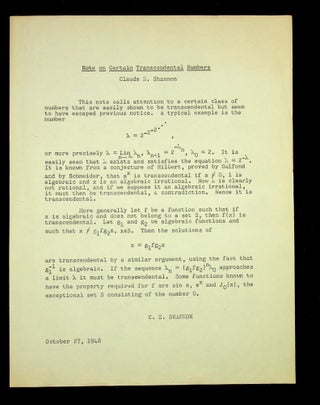 Item #28978 Note on Certain Transcendental Numbers [mimeographed typescript]. Claude E. Shannon,...