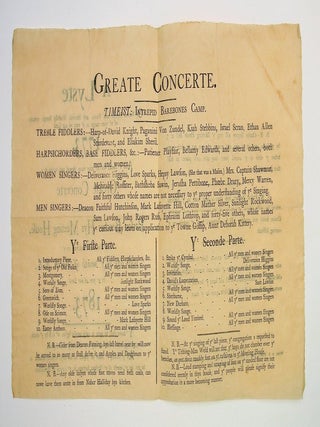 A Lyste of Sacred Hymns and Tunes, and likewise Worldly Songs, certain of wh were sunge in ye yeare of our Lord 1773 : And wh pieces will be once more pleyed and sunge at a Greate Concerte To be attended at Parson Beecher Hys Meeting House, in ye Towne of Brooklyne, on ye 10th day of ye month of March, N. S., in ye yerer of our Lord 1873