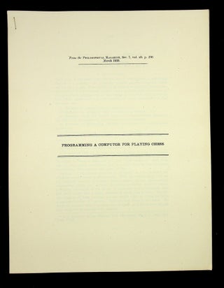 Item #28988 Programming a Computor [sic - Computer] for Playing Chess [reproduced offprint on 11...