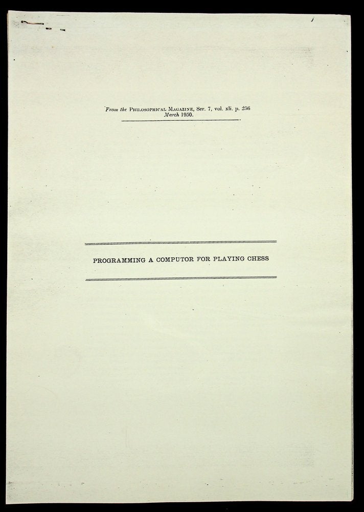 Item #28990 Programming a Computor [sic - Computer] for Playing Chess [reproduced offprint on 11 3/4 x 8 1/4 inch paper]. Claude E. Shannon, Elwood.
