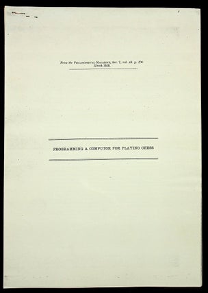 Item #28990 Programming a Computor [sic - Computer] for Playing Chess [reproduced offprint on 11...