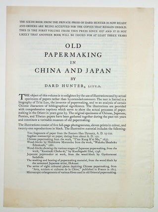 Item #29016 [ephemera, publishing] Old Papermaking in China and Japan. Dard Hunter, Litt D