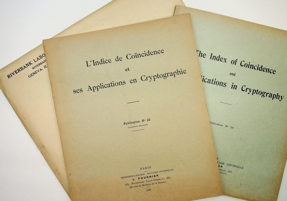 Item #29056 The Index of Coincidence and Its Applications in Cryptography : Publication No. 22 WITH L'indice de coïncidence et ses applications en cryptographie Publication No 22 (Traduction Francaise). [together 2 Volumes, Riverbank Publication]. William F. Friedman, General Cartier.
