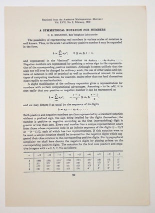 Item #29124 A Symmetrical Notation for Numbers [offprint lacking the blue wrappers]. Claude E....