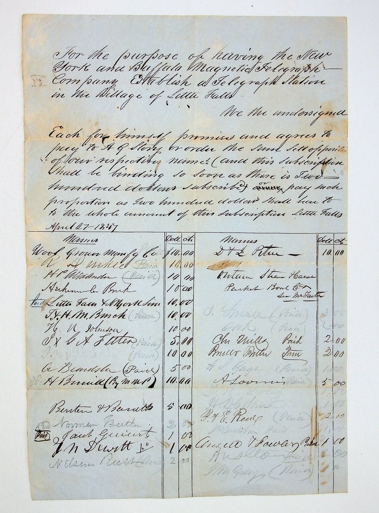 Item #29176 [Manuscript document] A subscription letter from the Village of Little Falls, NY showing 34 entities willing to pay for connection to the new Magnetic Telegraph system.