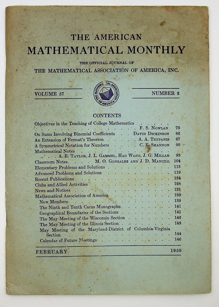 Item #29182 A Symmetrical Notation for Numbers in American Mathematical Monthly Volume 57, Number 2. Claude E. Shannon, Elwood.