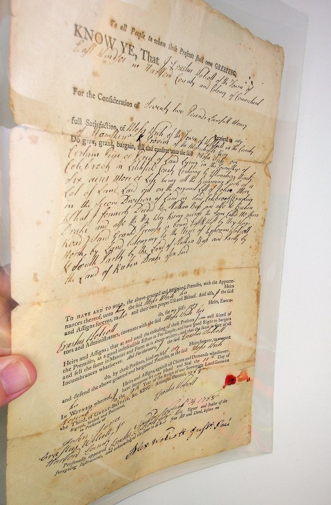 Item #29240 [manuscript material, 18th century American deed] Transfering land to one Moses Write from Erastus Wolcott in East Windsor CT. Erastus Wolcott, Moses Write, John Jones.