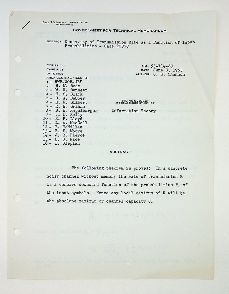Item #29288 Concavity of Transmission Rate as a Function of Input Probabilities - Case 20878: Technical Memoranda MM-54-114-28 ... [reproduced typescript]. C. E. Shannon, Claude Elwood.