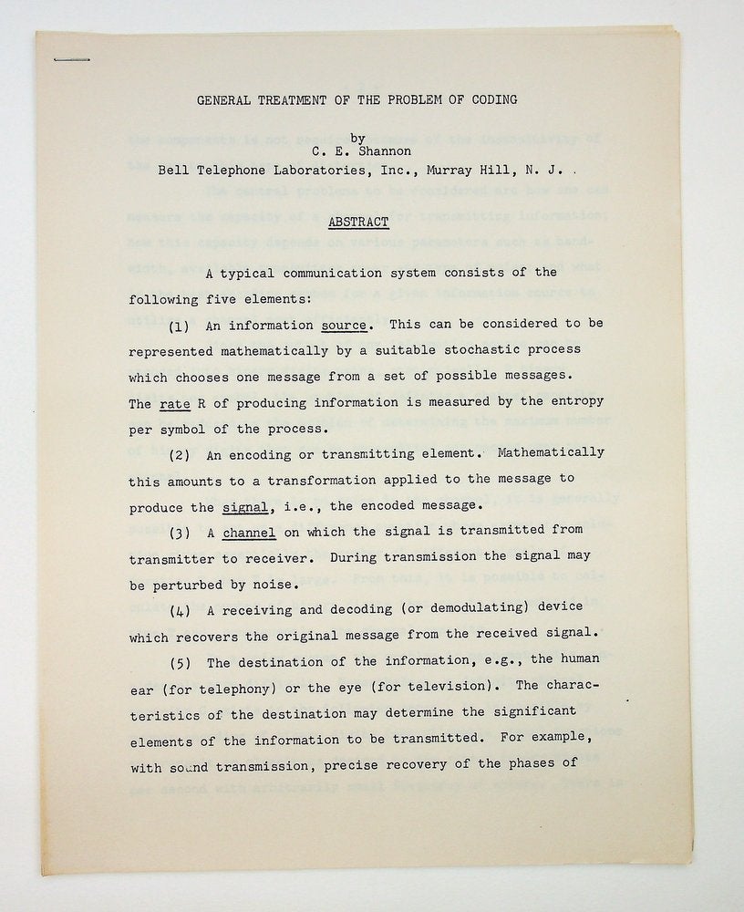 Item #29289 General Treatment of the Problem of Coding [reproduced typescript]. C. E. Shannon, Claude Elwood.