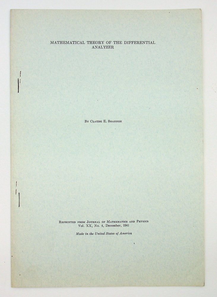 Item #29290 Mathematical Theory of the Differential Analyzer [offprint]. Claude E. Shannon, Elwood.