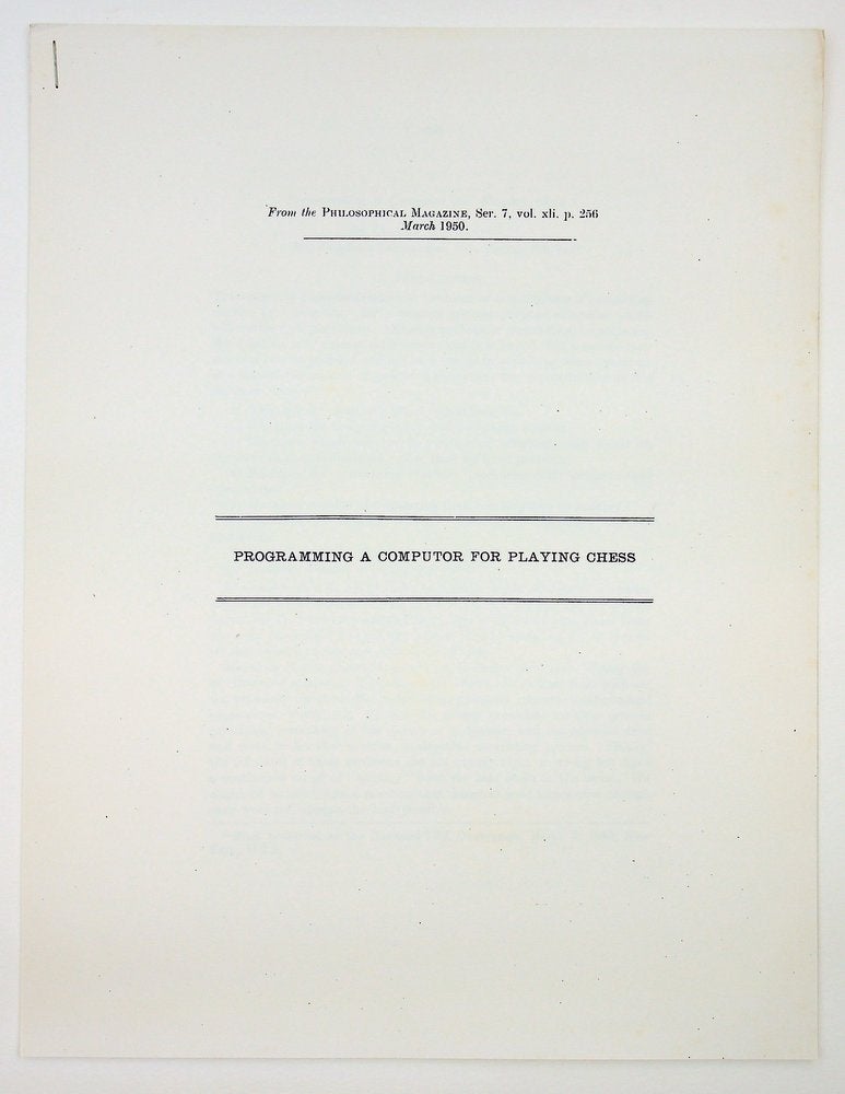 Item #29293 Programming a Computor [sic - Computer] for Playing Chess [reproduced offprint on 11 x 8 1/2 inch paper]. Claude E. Shannon, Elwood.