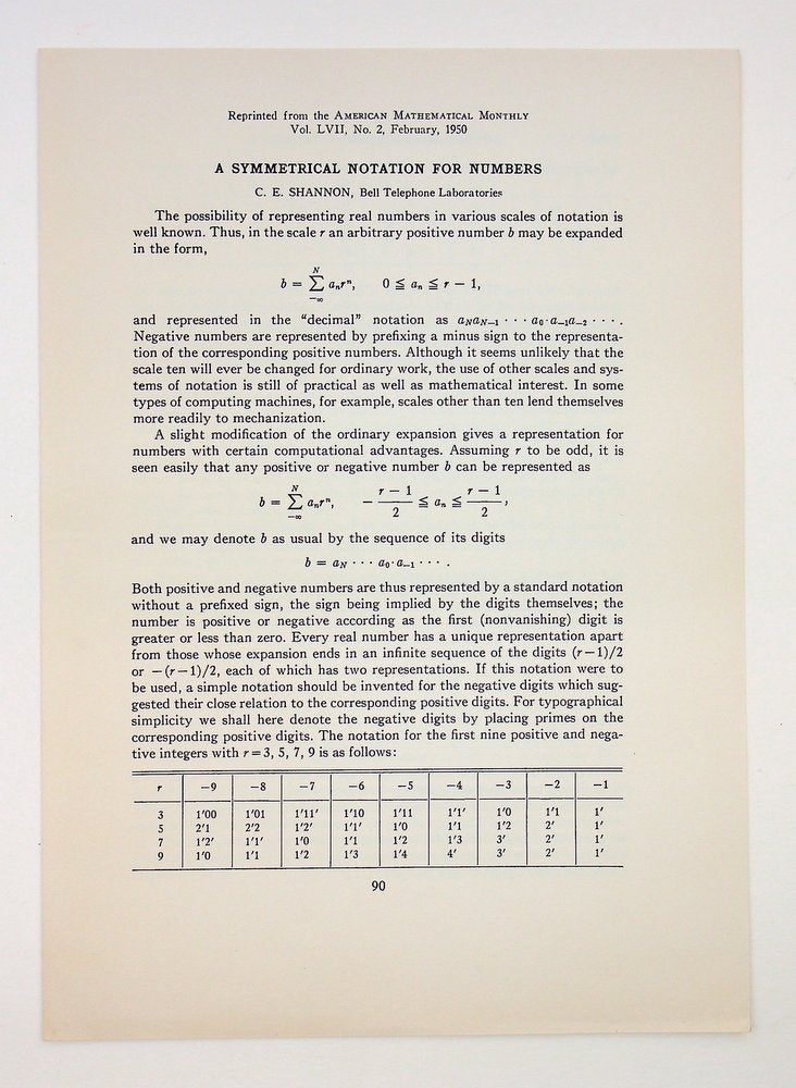 Item #29296 A Symmetrical Notation for Numbers [offprint lacking the blue wrappers]. Claude E. Shannon, Elwood.